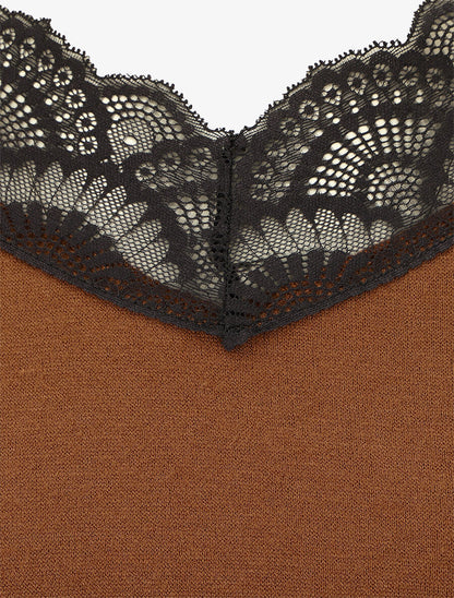 Pull fin droit col en dentelle - Camel - 3