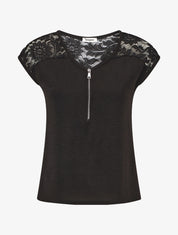 Top uni à zip et dentelle - Noir - 1