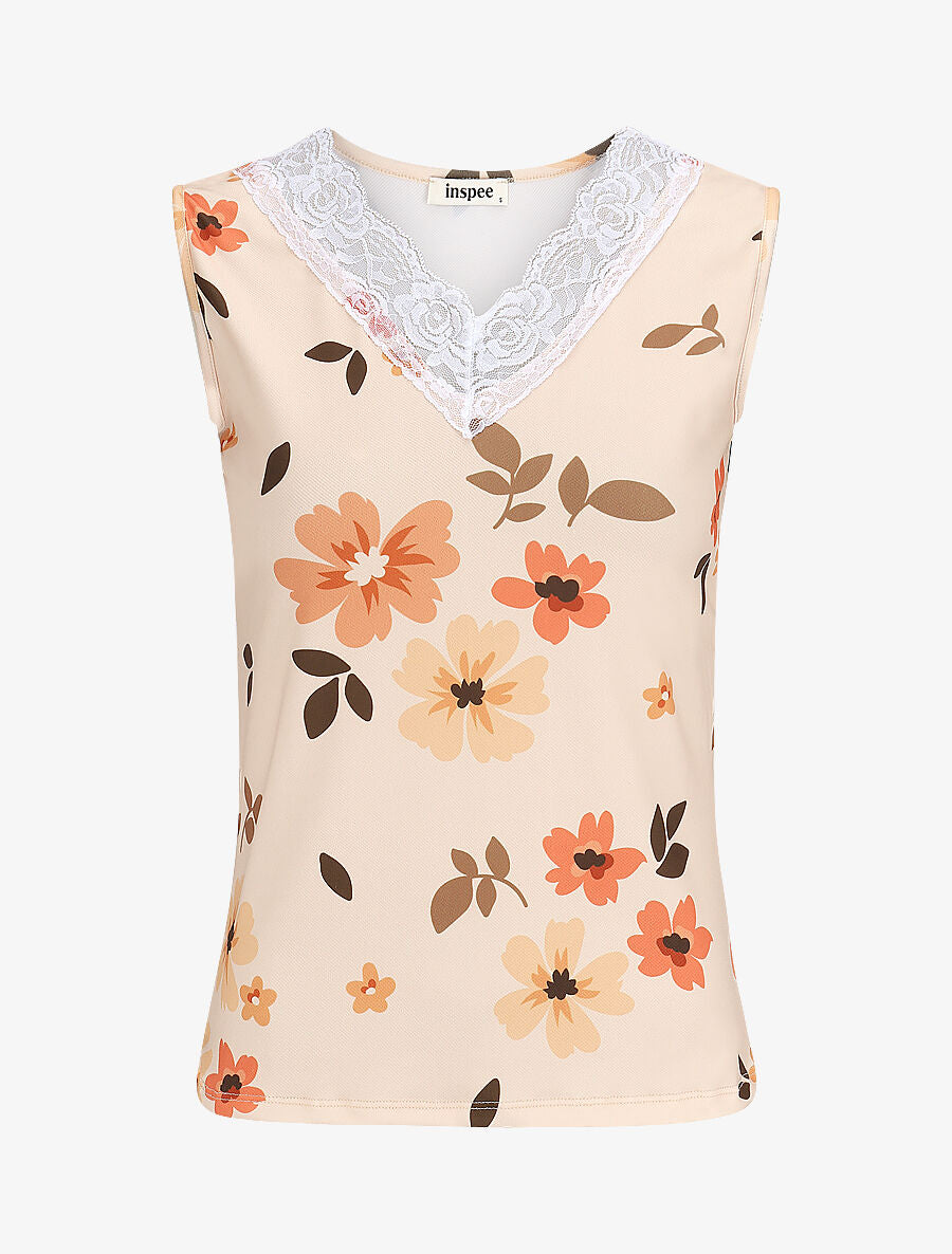 Top fleuri sans manches à détail dentelle - Beige - 1
