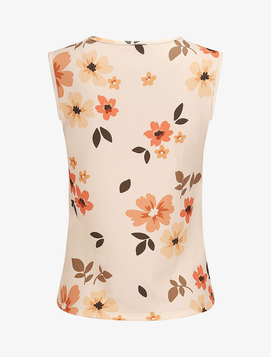 Top fleuri sans manches à détail dentelle - Beige - 2