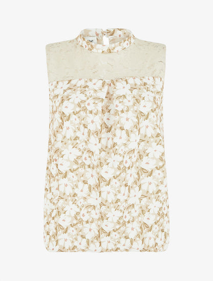 Top imprimé floral à détail dentelle - Beige - 1