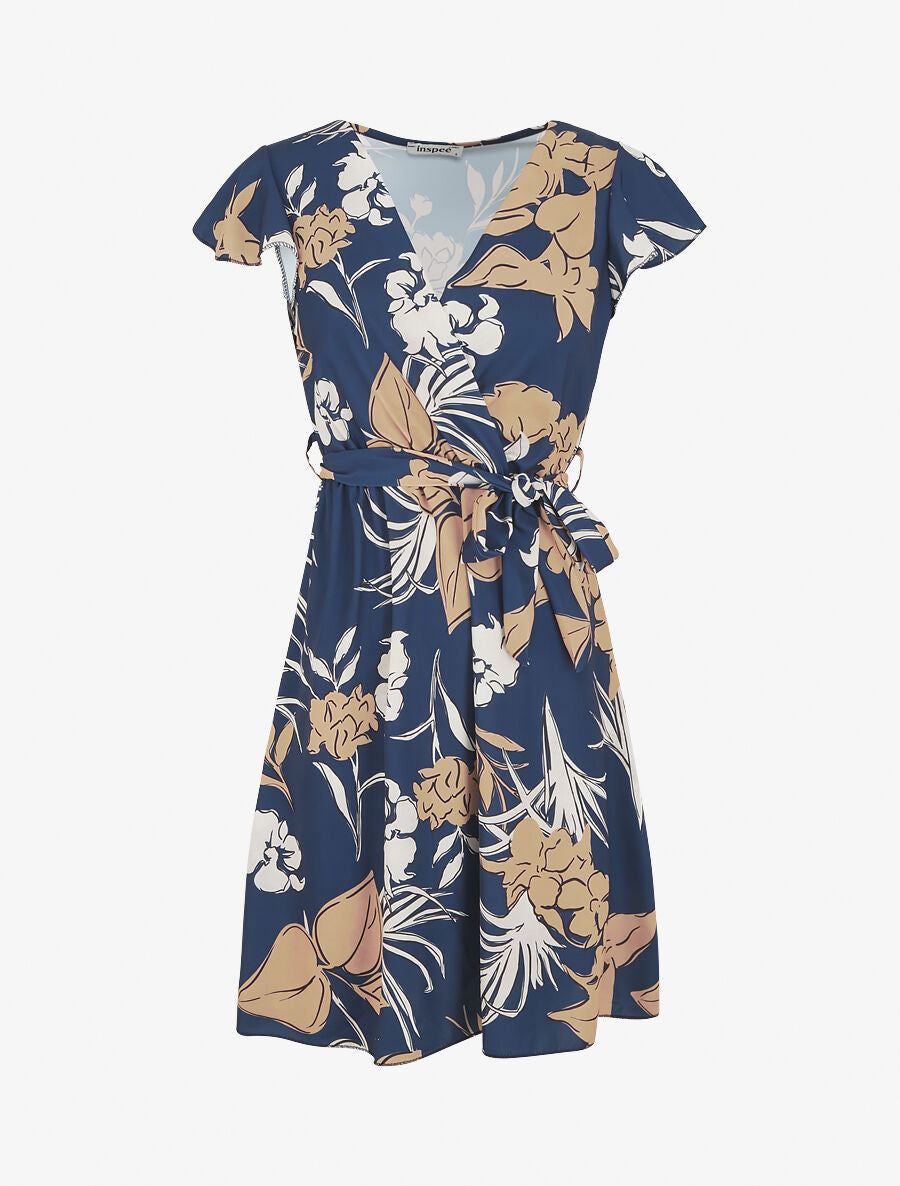 Robe mi-longue évasée imprimé fleuri - Marine - 1
