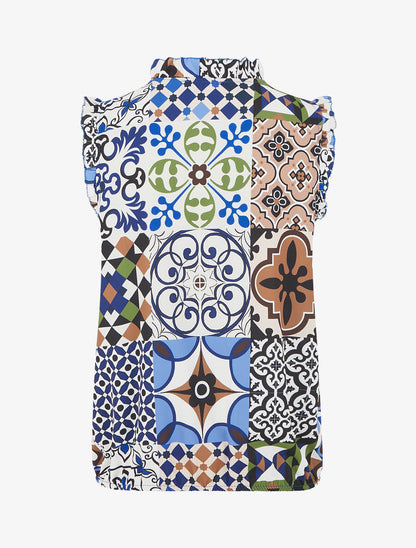 Top satiné sans manches motif patchwork et volants - Bleu - 2