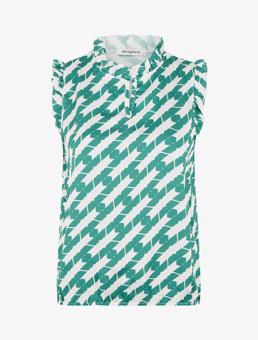 Top satiné sans manches motif fantaisie et volants - Vert émeraude - 1