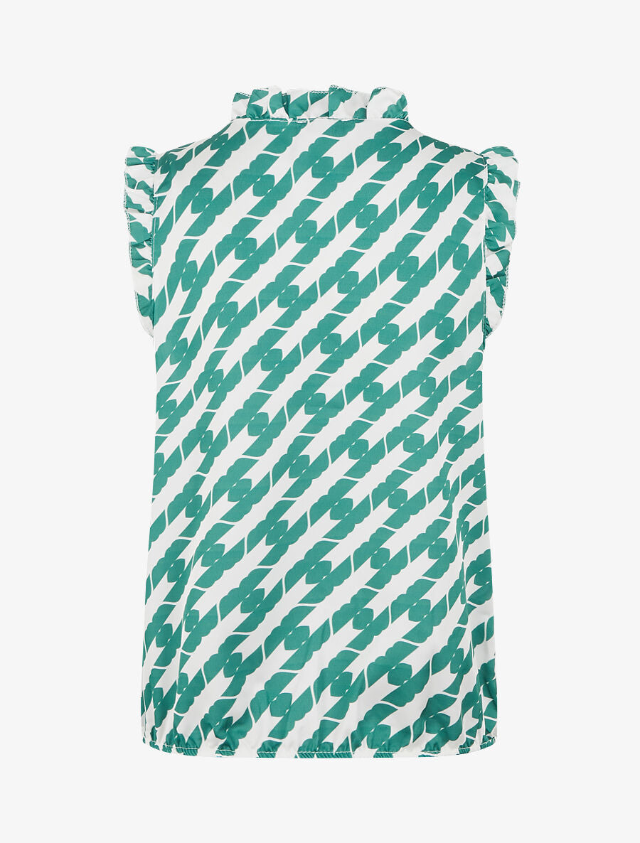 Top satiné sans manches motif fantaisie et volants - Vert émeraude - 2