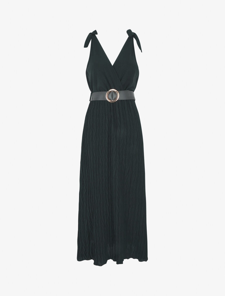 Robe longue à jupe texturée - Noir - 1