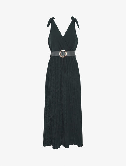 Robe longue à jupe texturée - Noir - 1