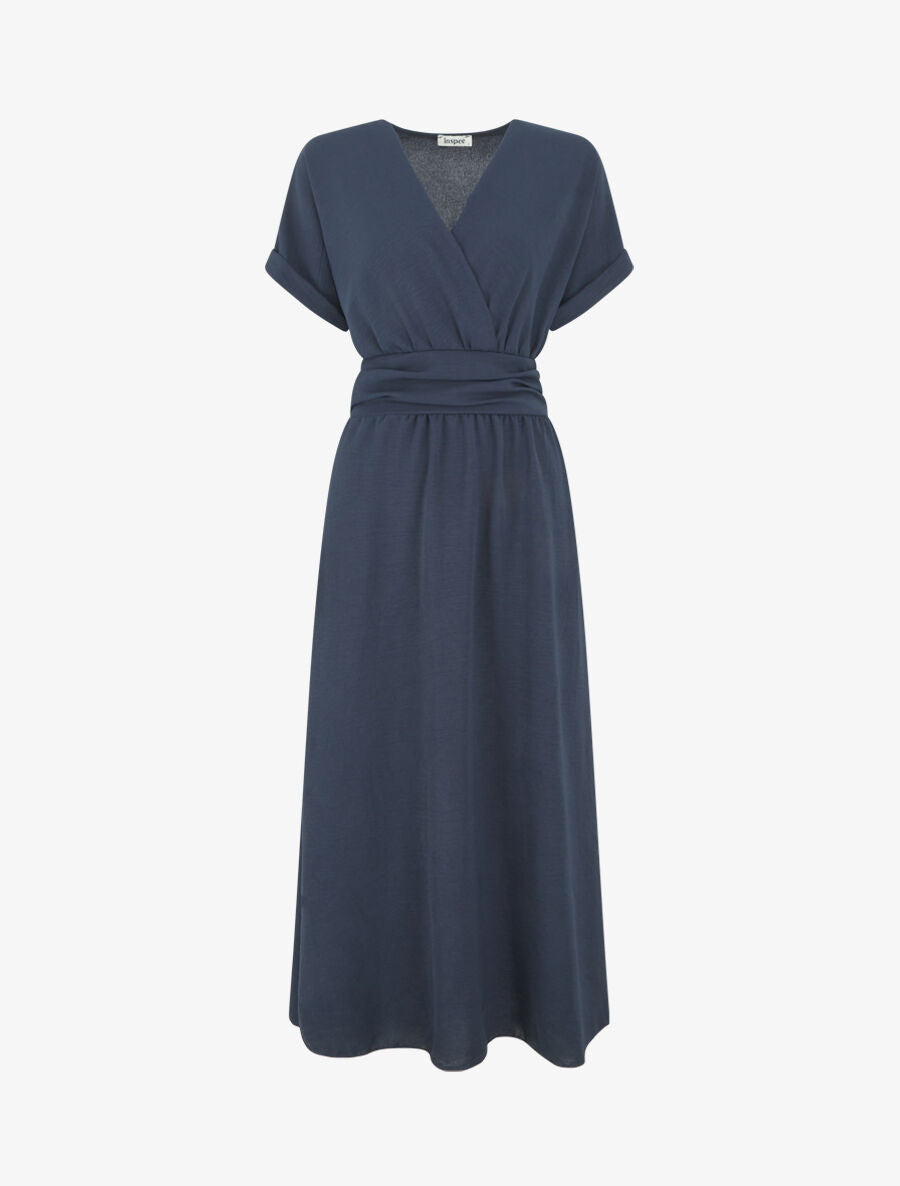 Robe longue unie col cache coeur - Bleu nuit - 5
