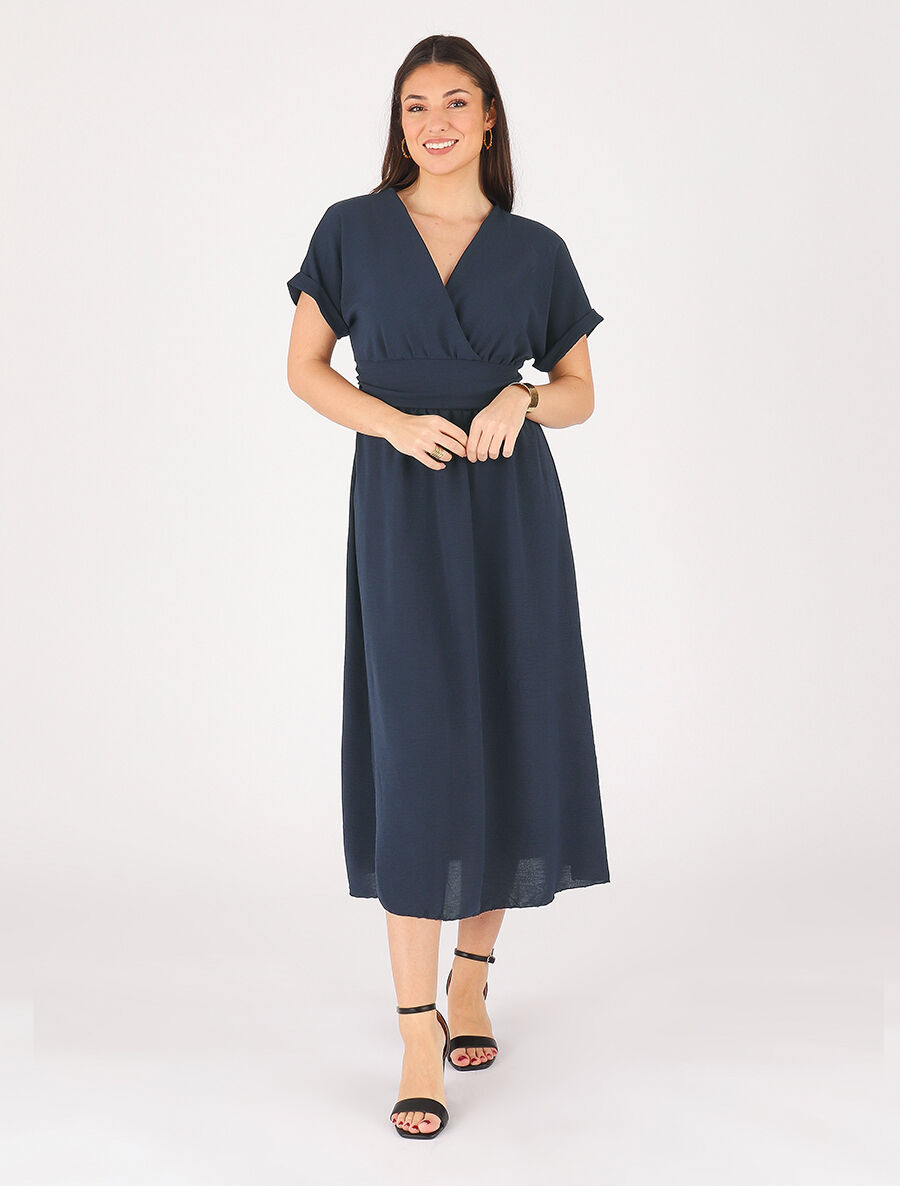 Robe longue unie col cache coeur - Bleu nuit - 4
