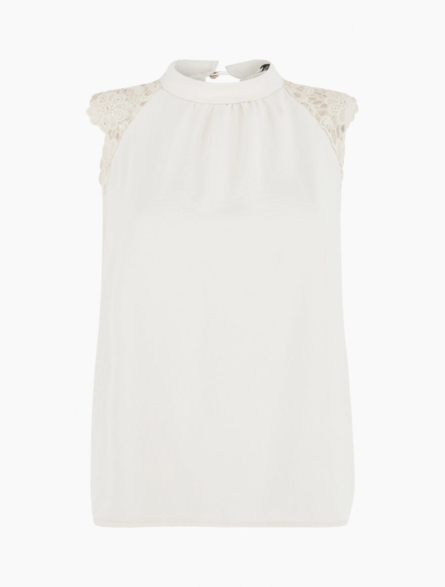 Top uni à manches courtes brodées - Beige - 1