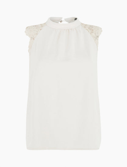 Top uni à manches courtes brodées - Beige - 1