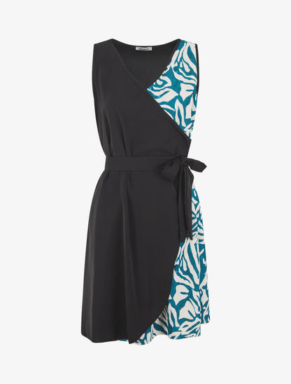 Robe portefeuille sans manches imprimé fantaisie - Noir/bleu canard - 5