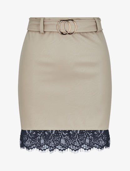 Mini-jupe en simili à bords en dentelle - Beige - 1