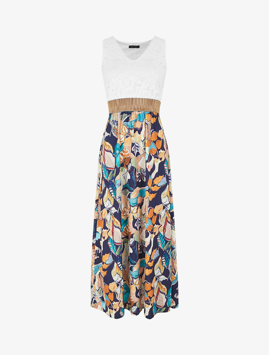 Robe longue bi-matière imprimé feuillage - Marine - 1