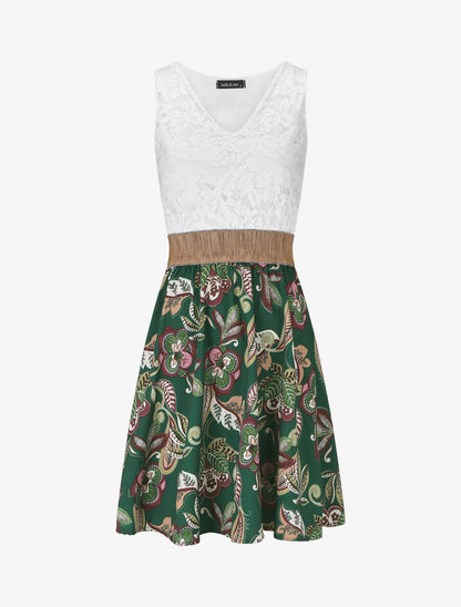 Robe bi-matière imprimé fleuri - Vert sapin - 1