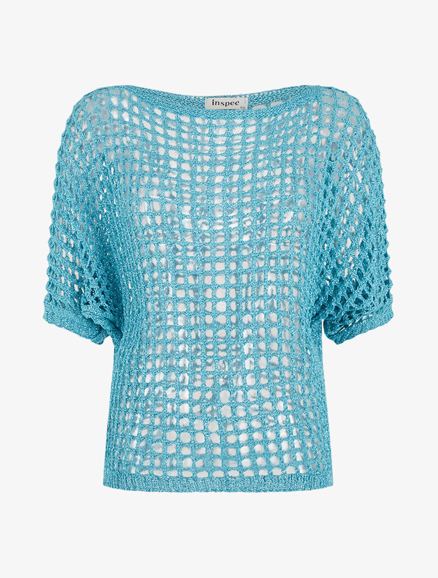 Pull brillant en maille ajourée - Turquoise - 1