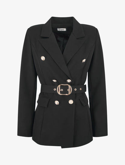 Blazer mi-long boutonné et ceinturé - Noir - 1