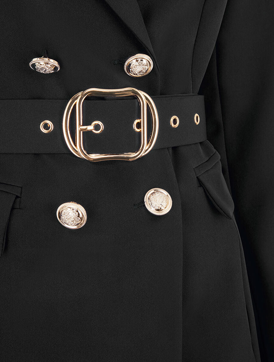 Blazer mi-long boutonné et ceinturé - Noir - 3