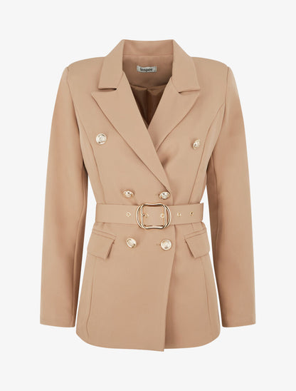 Blazer mi-long boutonné et ceinturé - Camel - 1