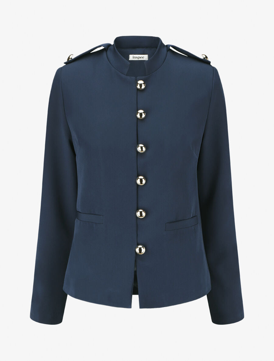 Blazer uni mi-long boutonné - Marine - 4