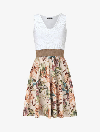 Robe bi-matière imprimé tropical - Beige - 1