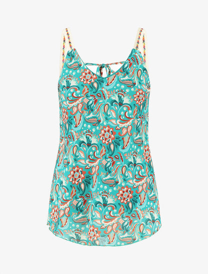 Débardeur motif fleuri et bretelles fantaisies - Turquoise - 4
