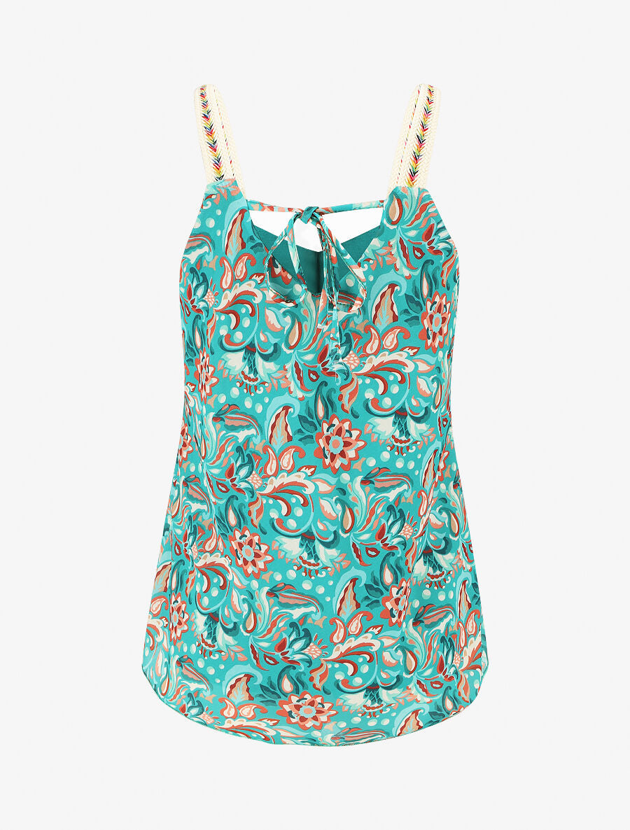 Débardeur motif fleuri et bretelles fantaisies - Turquoise - 2