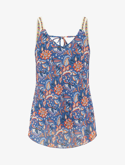 Débardeur motif fleuri et bretelles fantaisies - Bleu foncé - 1