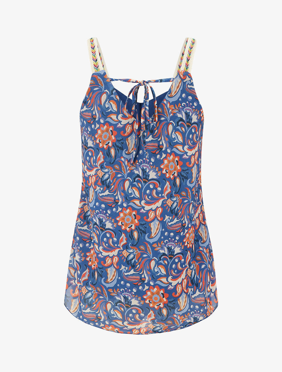 Débardeur motif fleuri et bretelles fantaisies - Bleu foncé - 2