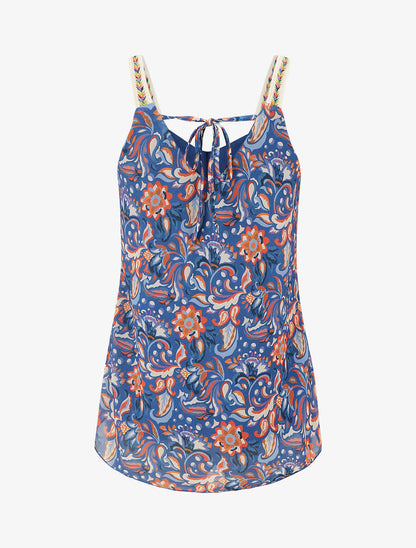 Débardeur motif fleuri et bretelles fantaisies - Bleu foncé - 2