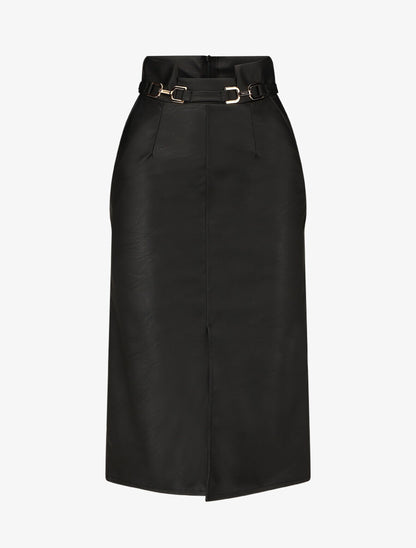 Jupe longue en simili à ceinture stylisée - Noir - 1
