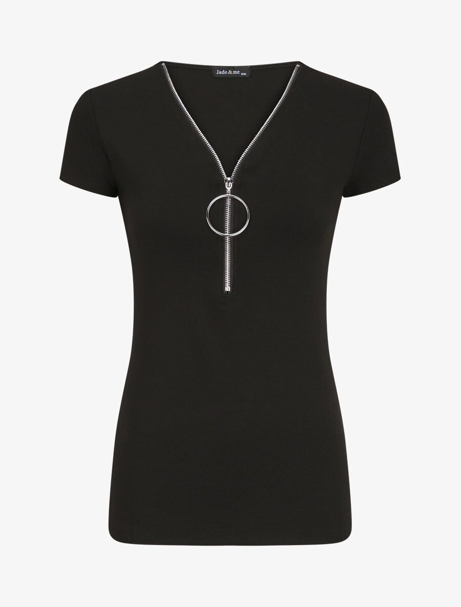 T-shirt stretch à encolure zippée - Noir - 4