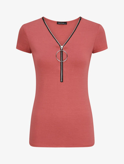 T-shirt stretch à encolure zippée - Rose foncé - 4
