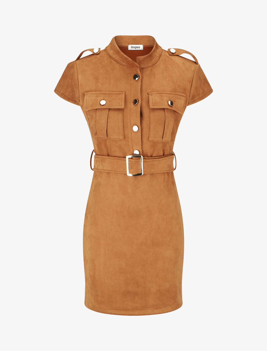 Robe courte en suédine ceinturée - Camel - 1