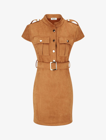 Robe courte en suédine ceinturée - Camel - 1