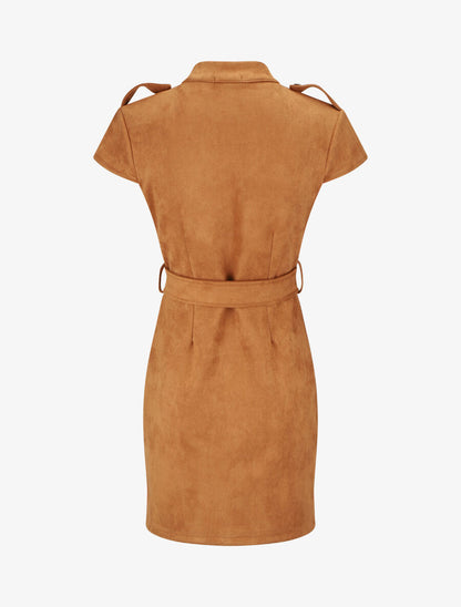 Robe courte en suédine ceinturée - Camel - 2