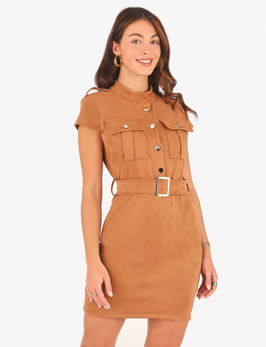 Robe courte en suédine ceinturée - Camel - 4