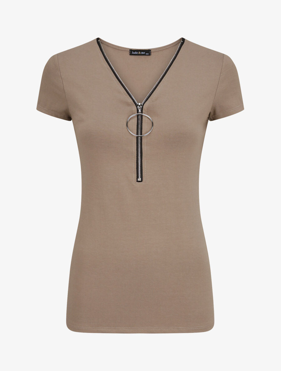 T-shirt stretch à encolure zippée - Taupe - 1