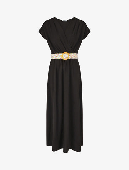 Robe longue unie élastiquée et ceinturée - Noir - 4