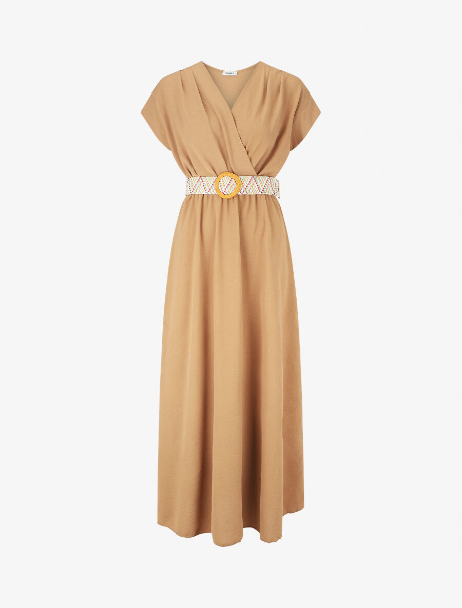 Robe longue unie élastiquée et ceinturée - Camel - 4