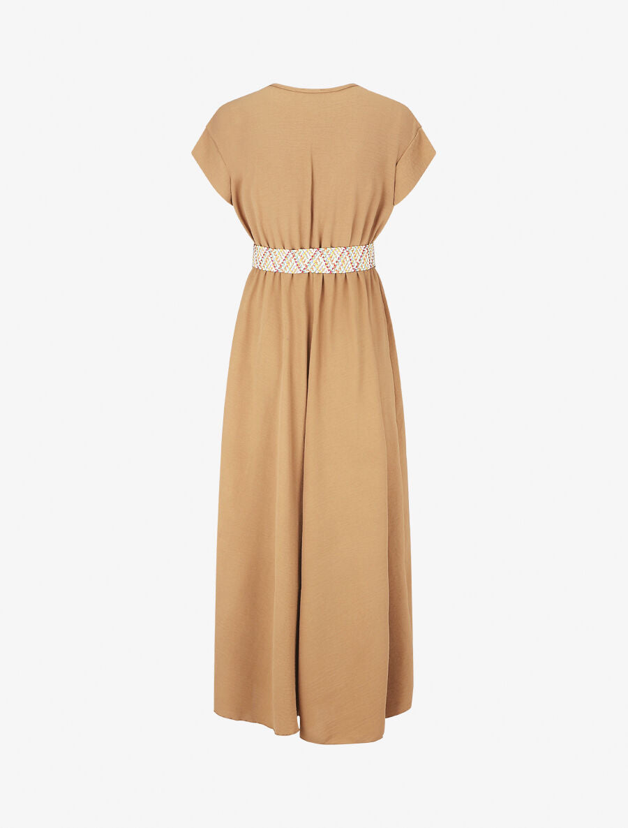 Robe longue unie élastiquée et ceinturée - Camel - 2