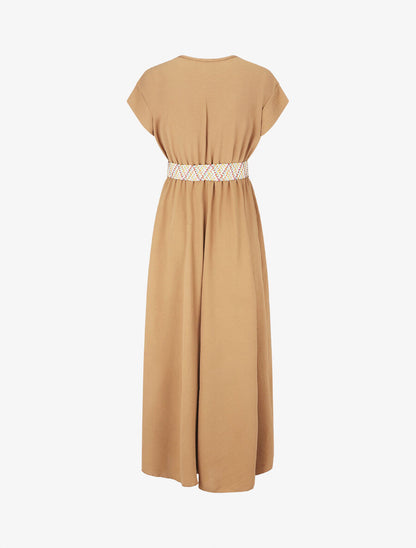 Robe longue unie élastiquée et ceinturée - Camel - 2