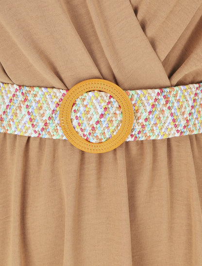 Robe longue unie élastiquée et ceinturée - Camel - 3