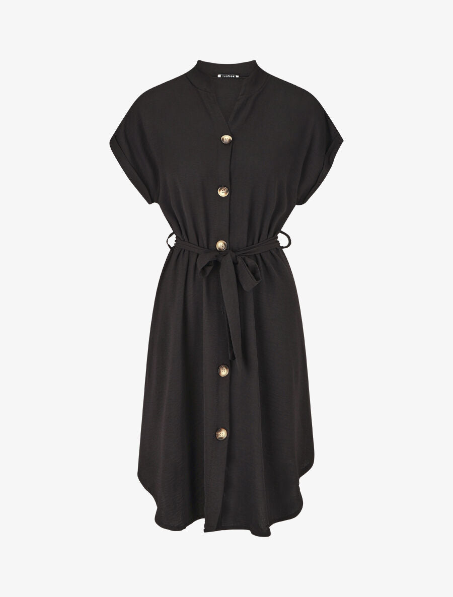 Robe chemise unie ceinturée - Noir - 1