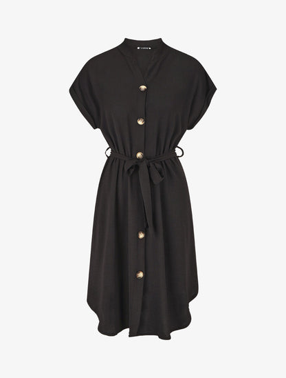 Robe chemise unie ceinturée - Noir - 1