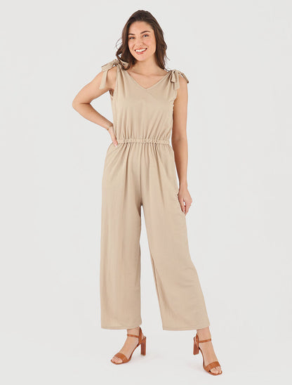 Combinaison ample bretelles à noeud - Beige - 4
