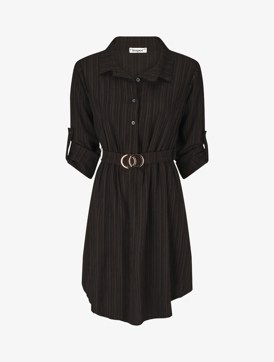 Robe chemise mi-longue texturée - Noir - 1