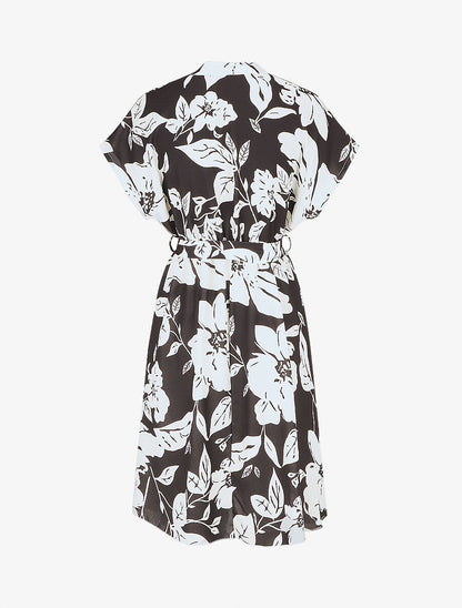 Robe longue élastiquée imprimé feuilles - Noir - 2