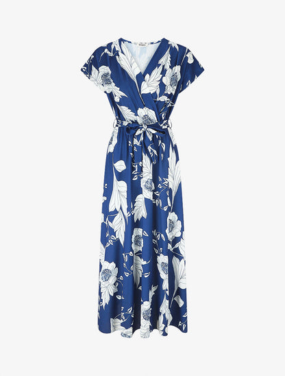 Robe longue imprimé floral à col cache-coeur - Bleu roi - 1