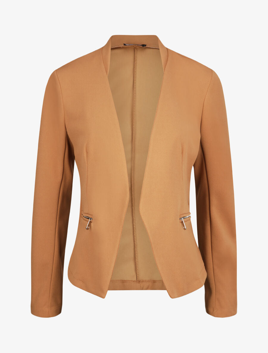 Veste droite unie à poches zippées - Camel - 1